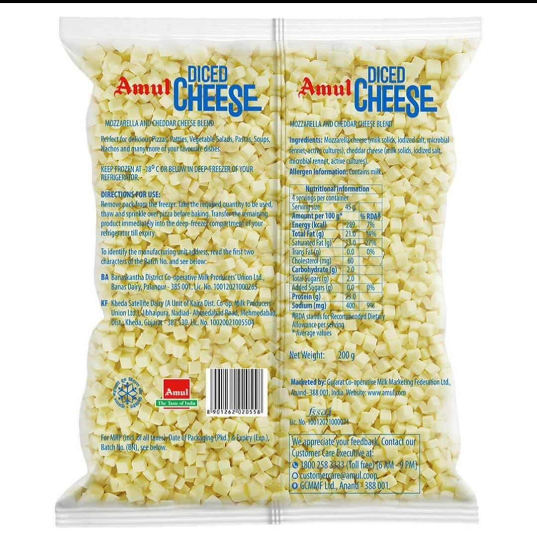 Amul mozzarella & cheddar diced cheese blend 200gm