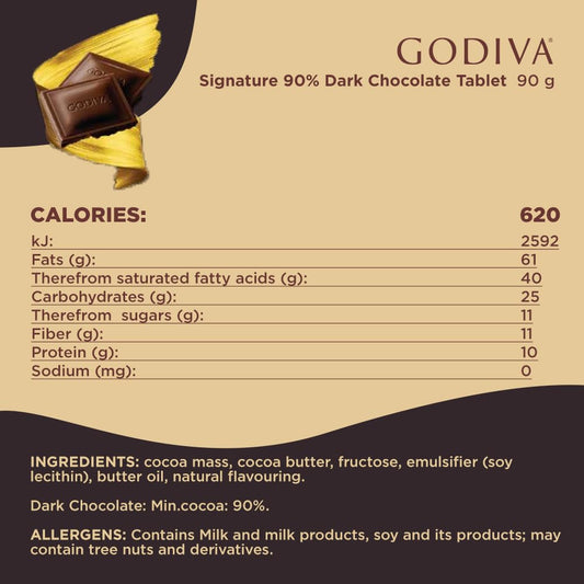 GODIVA Signature 90% Dark Chocolate Bar, Belgium 1926, Luxuriously Smooth & Intense, 90g (Product Of Belgium)