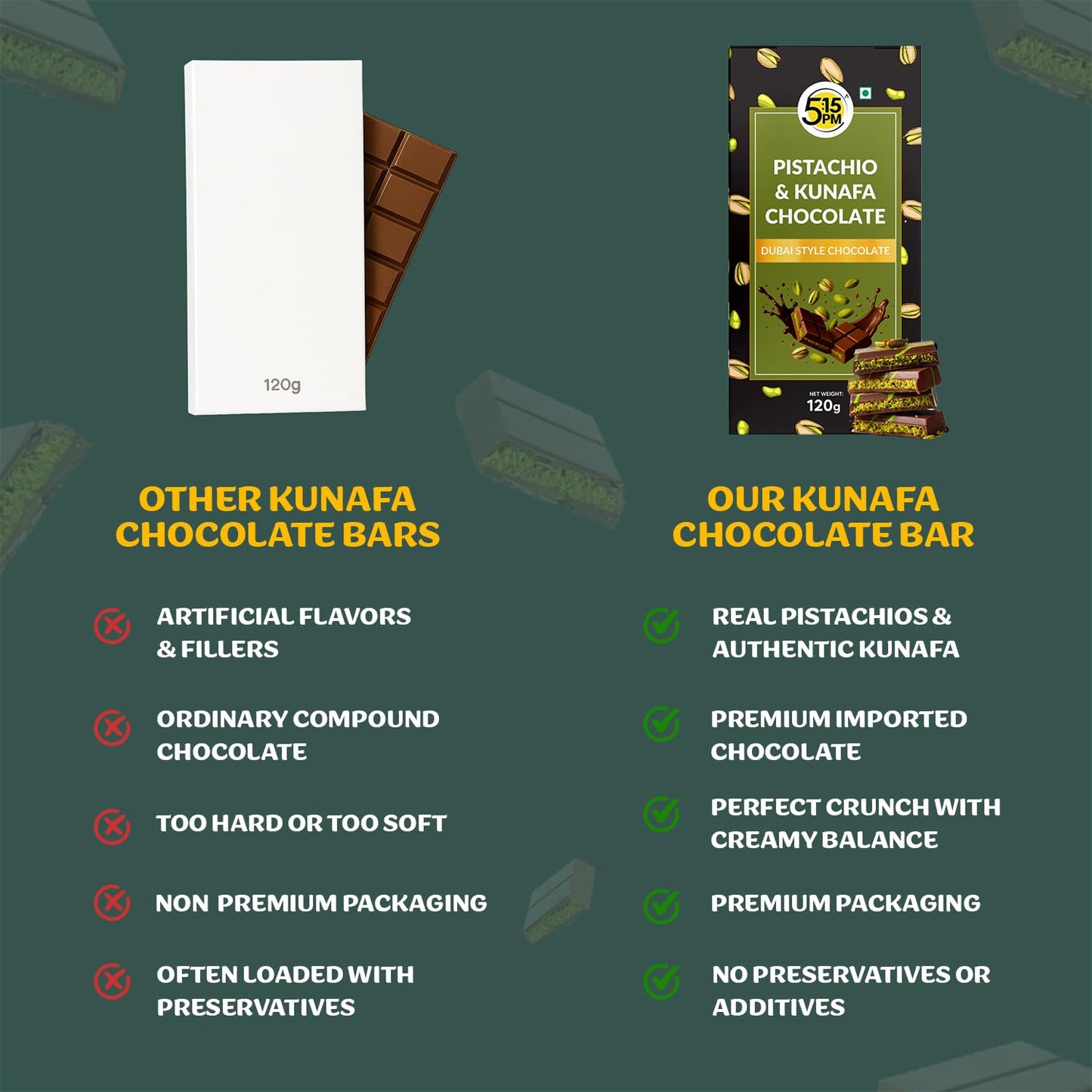 Kunafa Chocolate Bar Dubai Style 120gm | Pistachio Kunafa Dubai Chocolate Dessert – 120gm