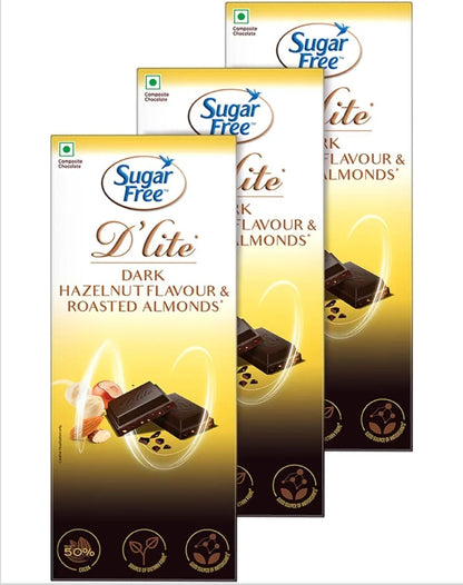 Sugar Free D'lite Hazelnut & Almonds Dark Chocolate Bar, 80 grams (Pack of 3)