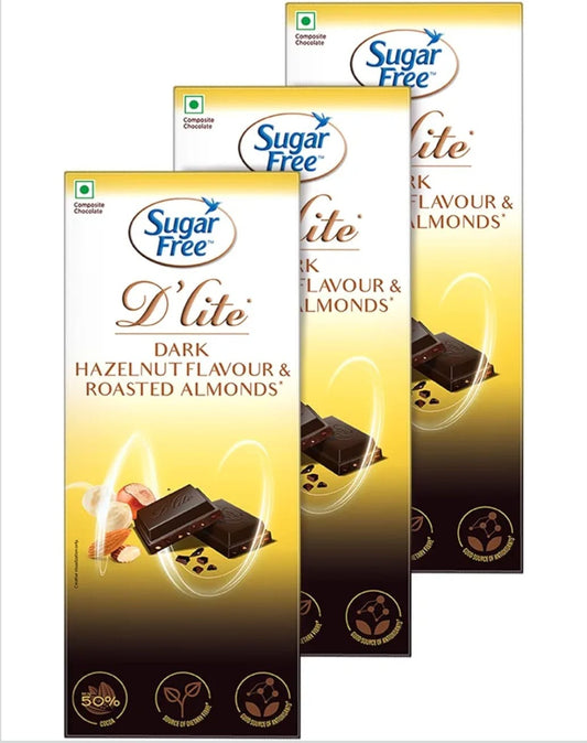 Sugar Free D'lite Hazelnut & Almonds Dark Chocolate Bar, 80 grams (Pack of 3)