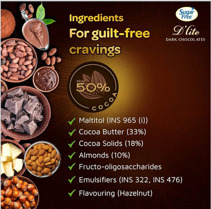 Sugar Free D'lite Hazelnut & Almonds Dark Chocolate Bar, 80 grams (Pack of 3)