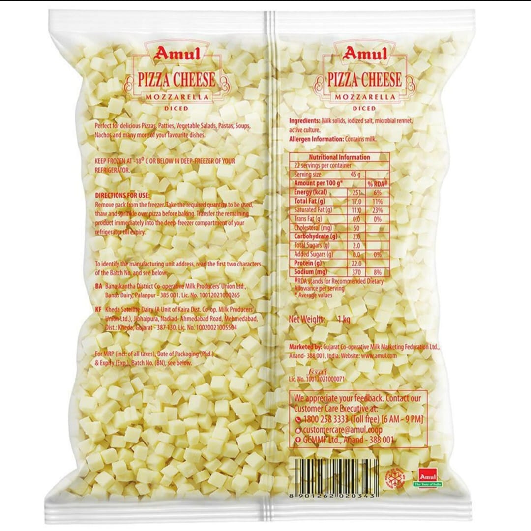 Amul mozzarella pizza diced cheese 1 kg